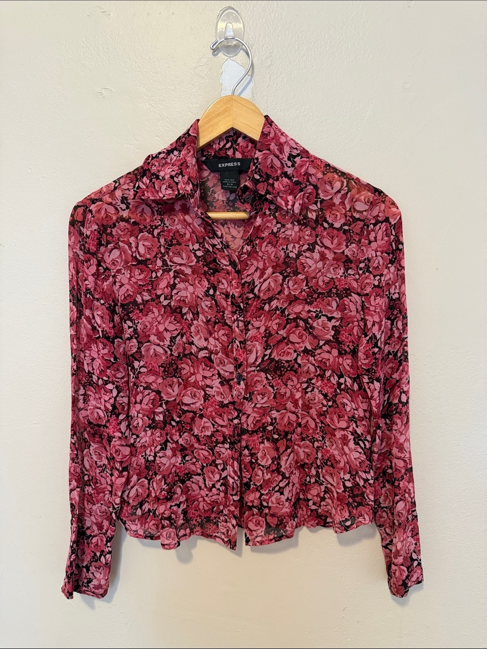 Express Rose Print Button-Down Shirt in Pink and Black